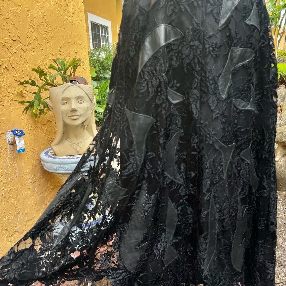 Vintage 80s Black Lace & Leather Midi Skirt M/L